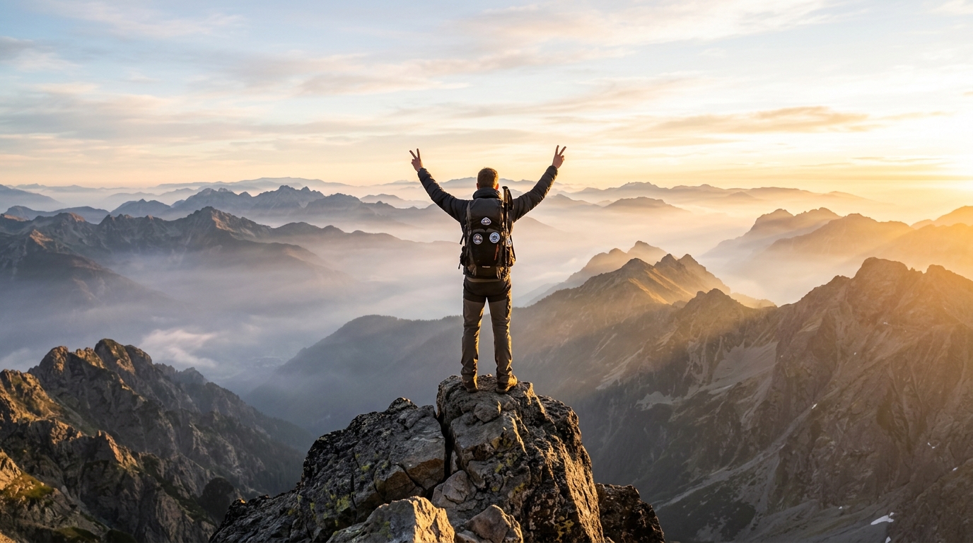 Climber on Mountain Summit at Sunrise